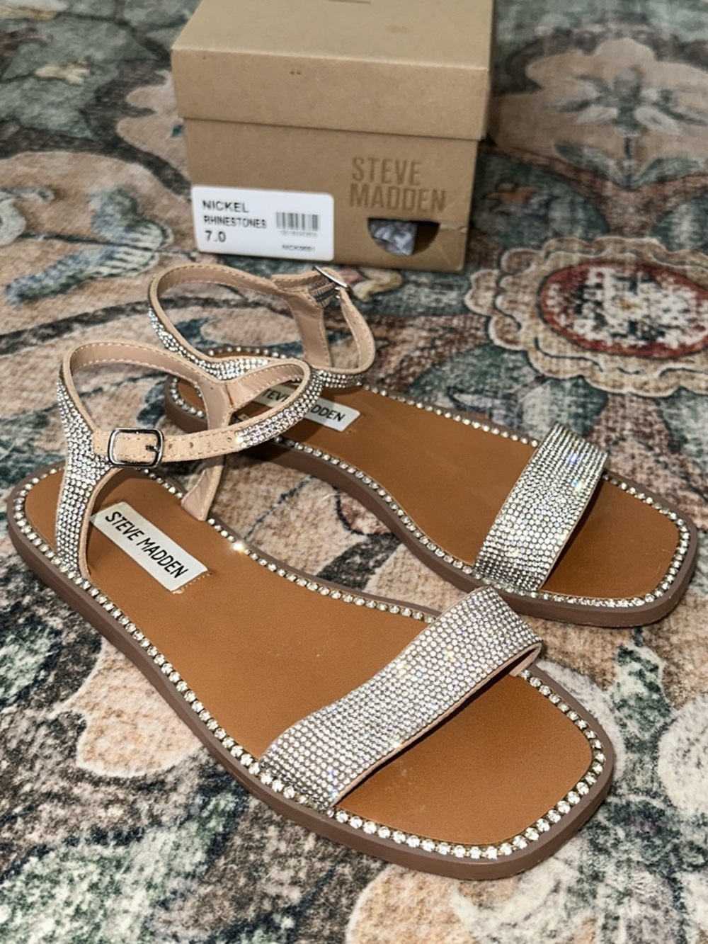 Steve Madden Nickel Rhinestone Ankle-Strap Flat Sandals - Tan/Silver